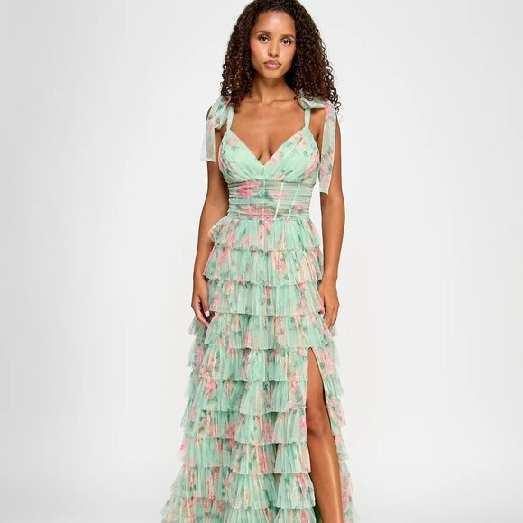 B Darlin Juniors' Floral Ruffle-Tiered Tie-Shoulder Gown Sage/Pink Size 5/6 - Picture 1 of 6